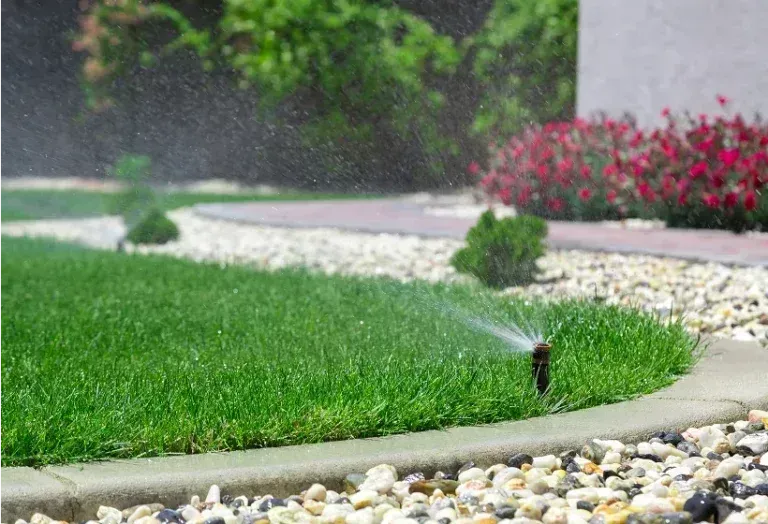 Sprinkler watering a green lawn, edged with concrete and gravel.